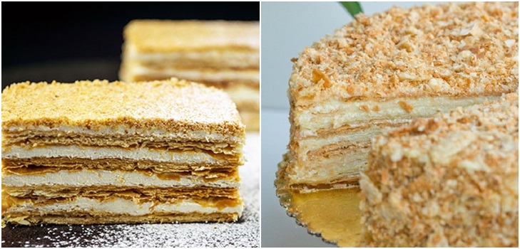 Tortas "Napoleonas", receptai su nuotrauka namuose: klasikiniai (sovietiniai), su krevetėmis, su kondensuotu pienu, iš kepinio pyrago